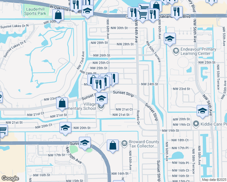 map of restaurants, bars, coffee shops, grocery stores, and more near 6667 Sunset Strip in Sunrise