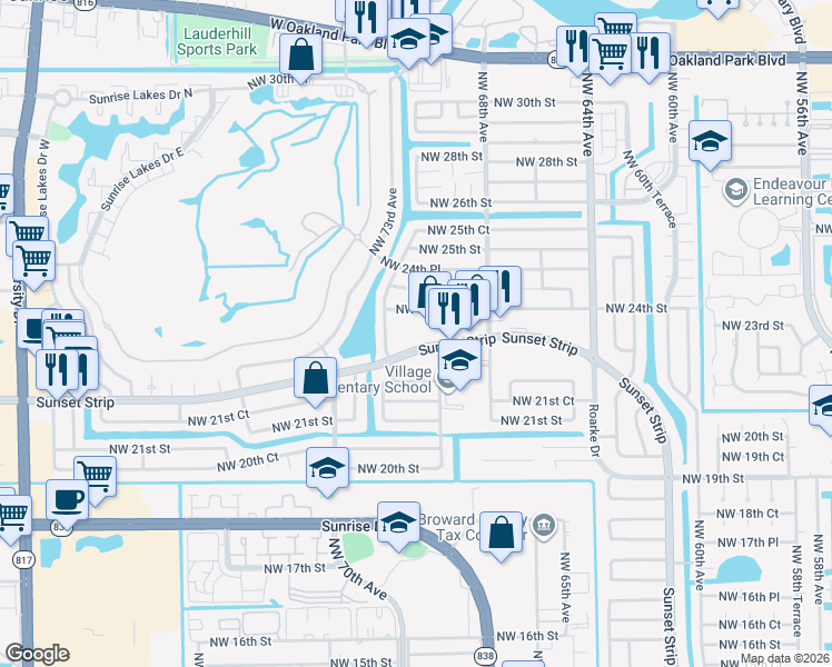 map of restaurants, bars, coffee shops, grocery stores, and more near 2350 Northwest 72nd Avenue in Sunrise