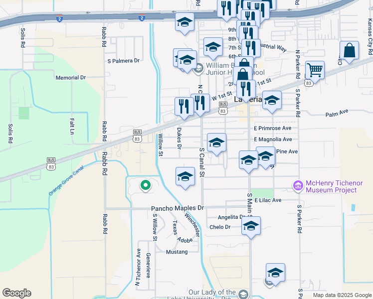 map of restaurants, bars, coffee shops, grocery stores, and more near 326-340 Dukes Dr in La Feria