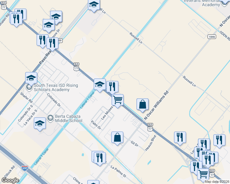 map of restaurants, bars, coffee shops, grocery stores, and more near 1630 West Highway Buss 77 in San Benito