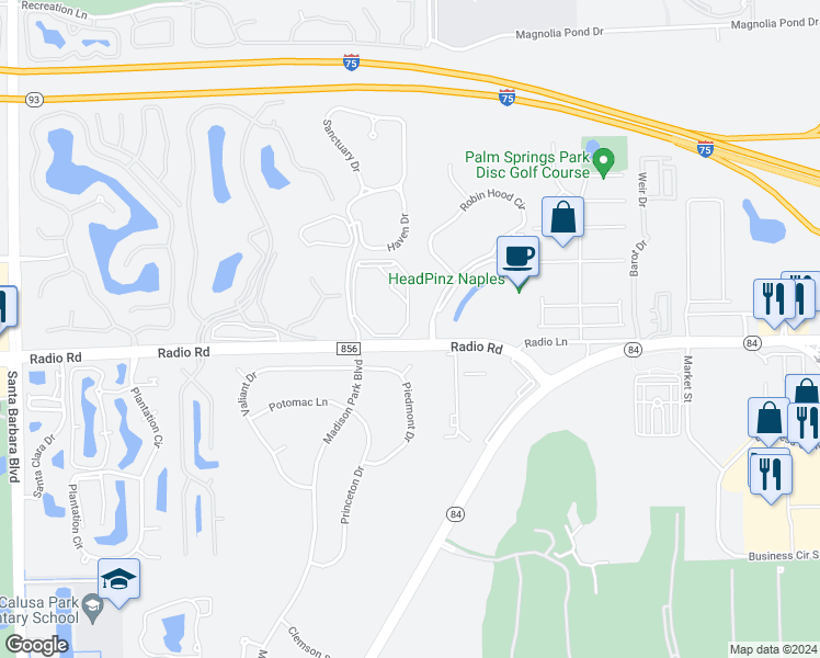 map of restaurants, bars, coffee shops, grocery stores, and more near 7385 Regal Heron Circle in Naples