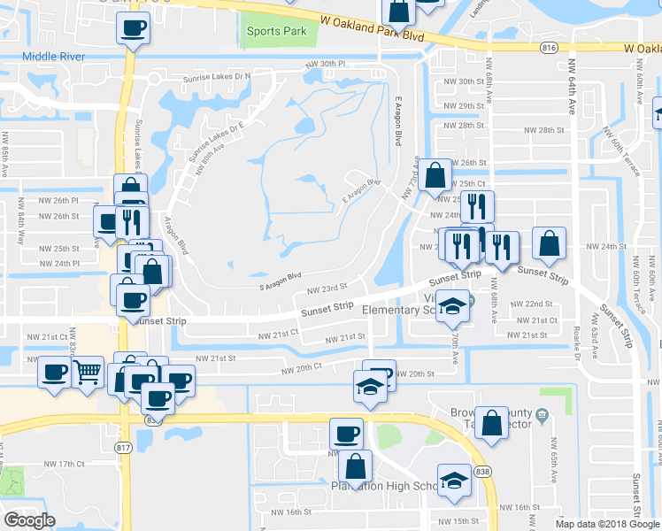 map of restaurants, bars, coffee shops, grocery stores, and more near 7451 South Aragon Boulevard in Sunrise