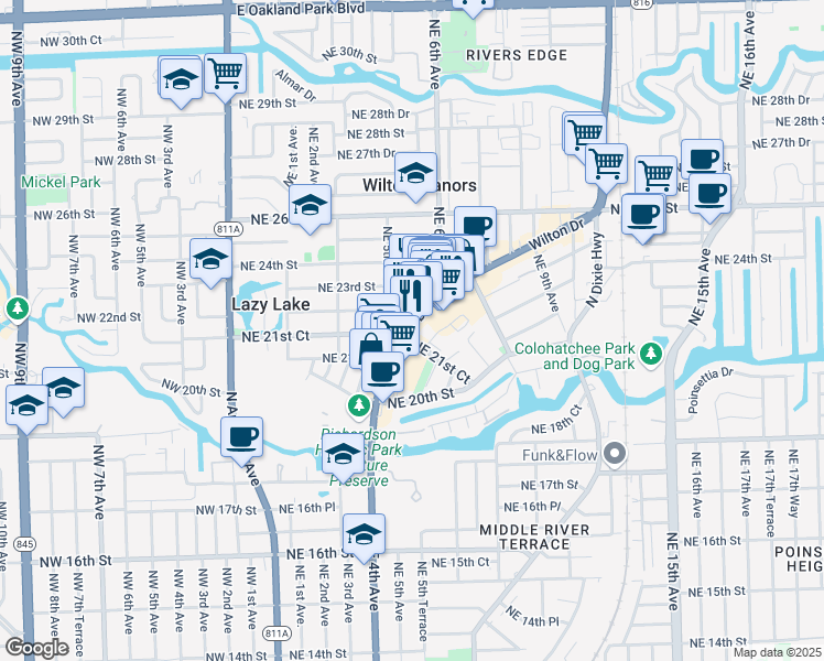 map of restaurants, bars, coffee shops, grocery stores, and more near 2150 Wilton Drive in Wilton Manors