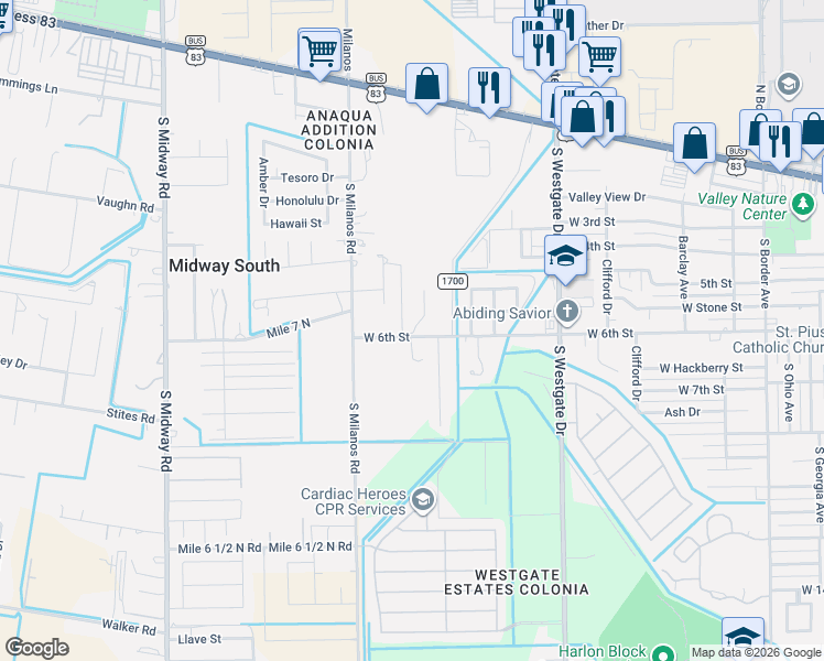 map of restaurants, bars, coffee shops, grocery stores, and more near 2306 West 6th Street in Weslaco