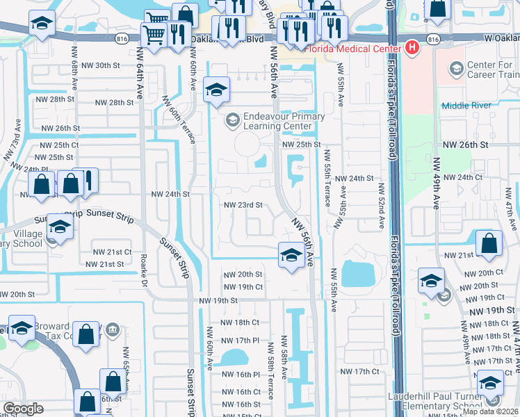 map of restaurants, bars, coffee shops, grocery stores, and more near 2253 Northwest 57th Avenue in Lauderhill