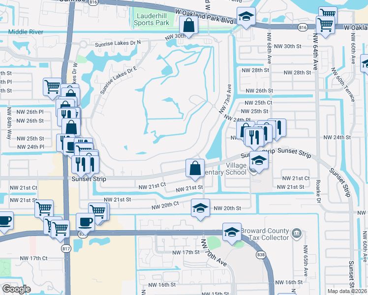 map of restaurants, bars, coffee shops, grocery stores, and more near 7451 South Aragon Boulevard in Sunrise