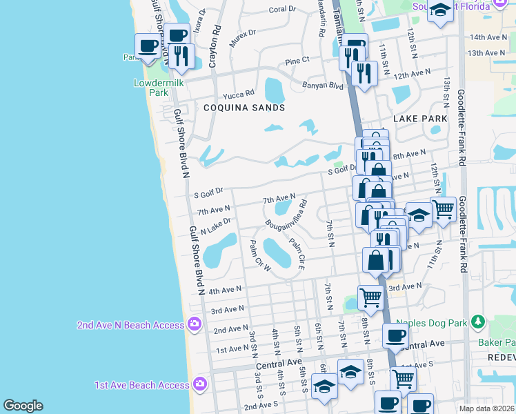 map of restaurants, bars, coffee shops, grocery stores, and more near 690 Bougainvillea Road in Naples