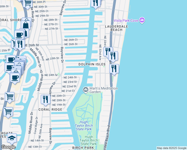 map of restaurants, bars, coffee shops, grocery stores, and more near 3024 Northeast 21st Street in Fort Lauderdale