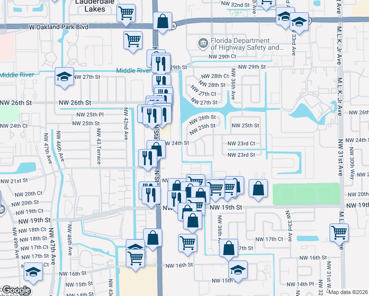 map of restaurants, bars, coffee shops, grocery stores, and more near 2341 Northwest 38th Terrace in Lauderdale Lakes