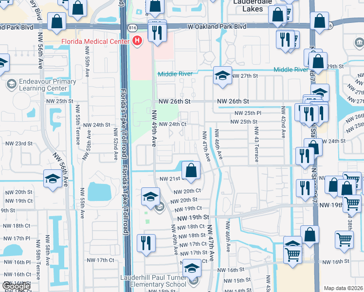 map of restaurants, bars, coffee shops, grocery stores, and more near 4801 Northwest 22nd Court in Lauderhill
