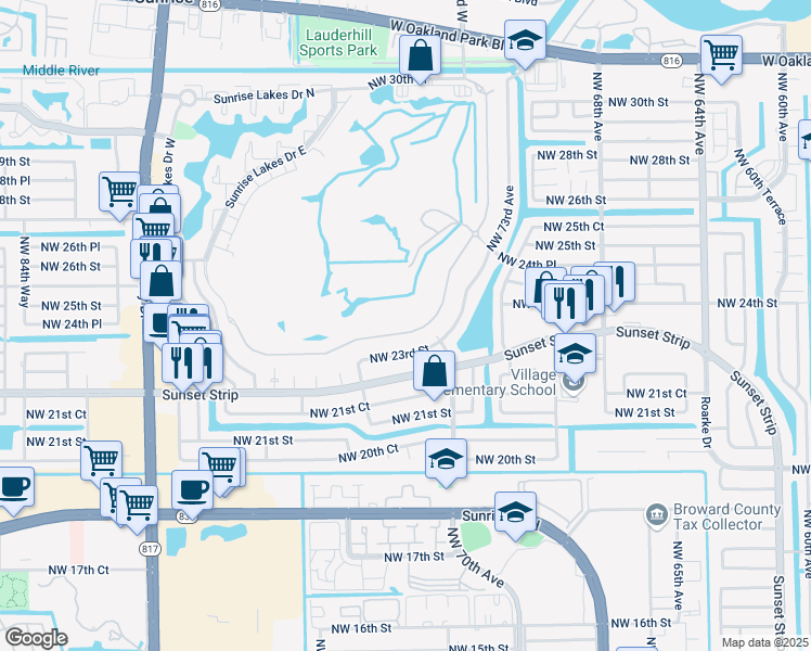 map of restaurants, bars, coffee shops, grocery stores, and more near 7451 South Aragon Boulevard in Sunrise