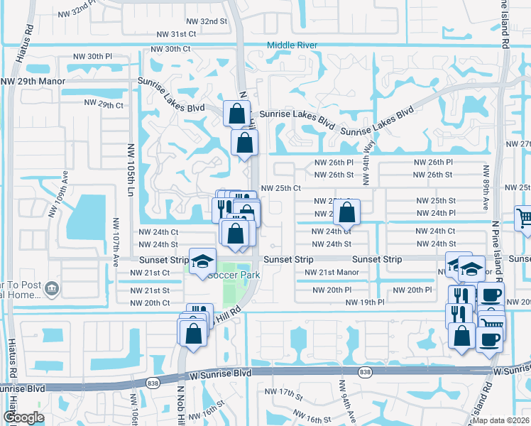 map of restaurants, bars, coffee shops, grocery stores, and more near 9877 Northwest 24th Place in Sunrise