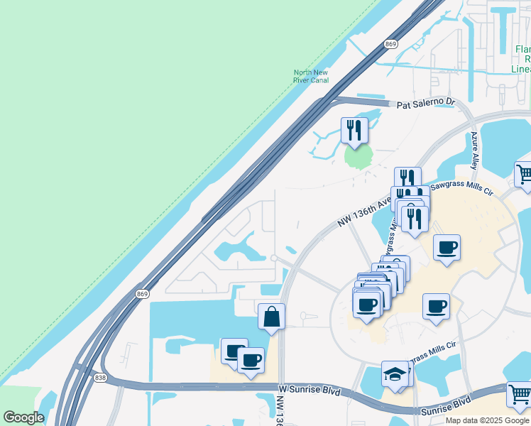map of restaurants, bars, coffee shops, grocery stores, and more near 2420 Northwest 137th Terrace in Sunrise