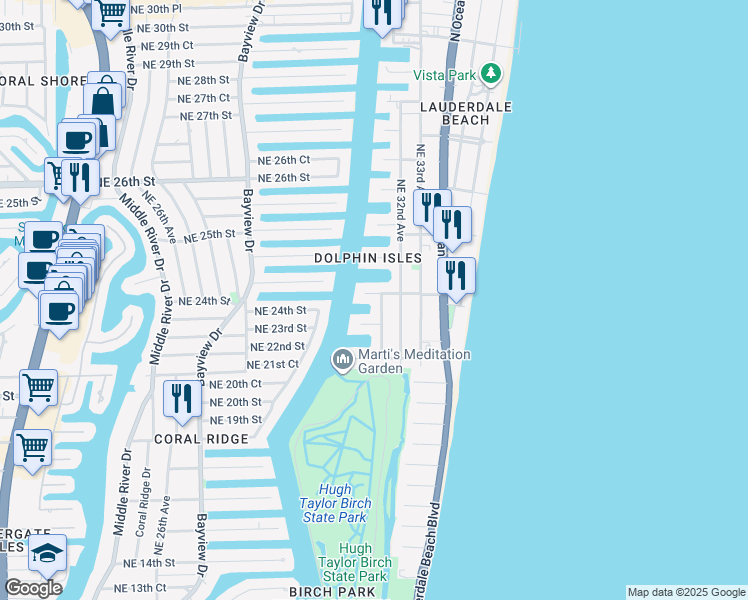 map of restaurants, bars, coffee shops, grocery stores, and more near 3024 Northeast 21st Street in Fort Lauderdale