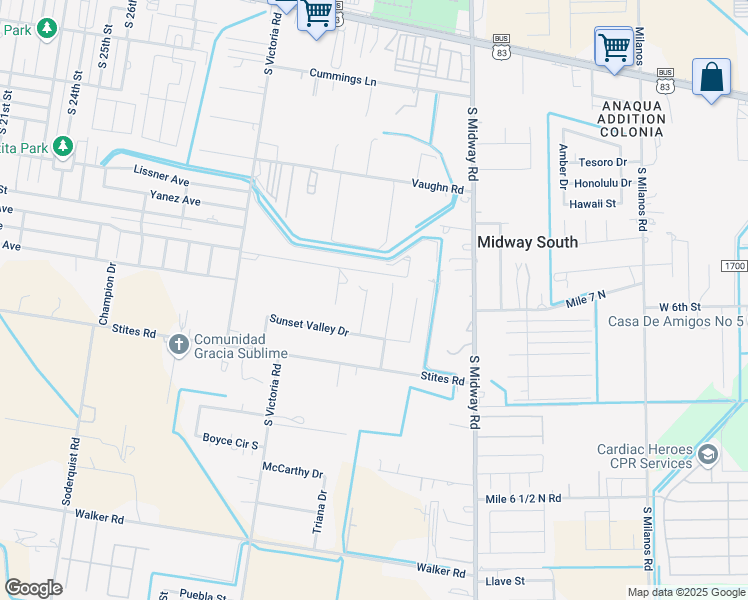 map of restaurants, bars, coffee shops, grocery stores, and more near 1001 Midnight Circle in Donna