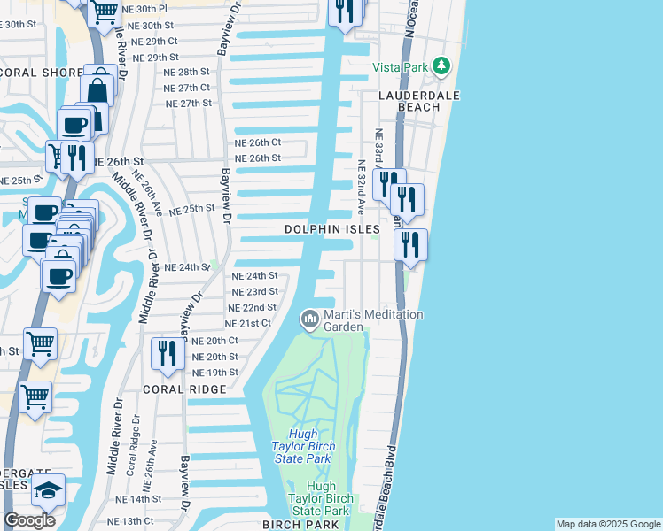 map of restaurants, bars, coffee shops, grocery stores, and more near 3024 Northeast 21st Street in Fort Lauderdale