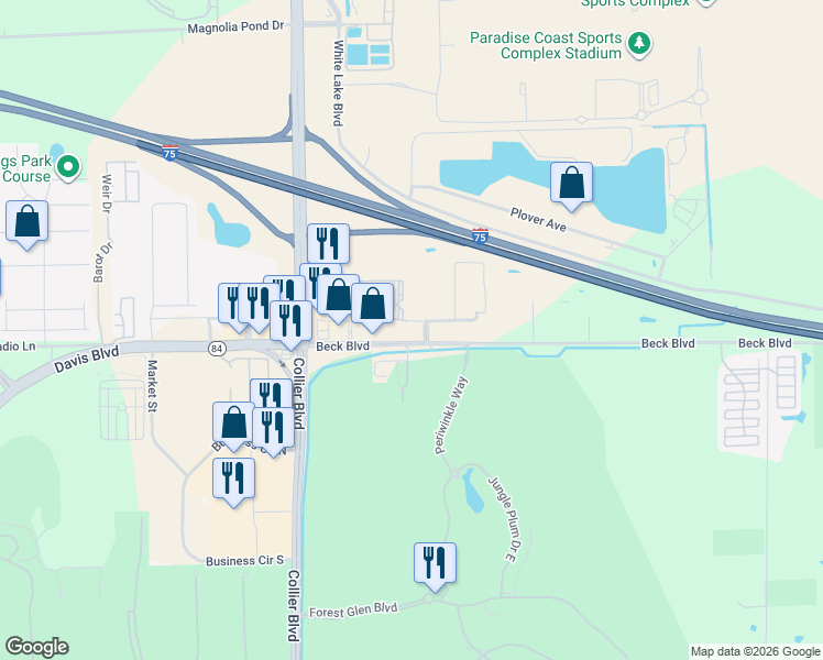 map of restaurants, bars, coffee shops, grocery stores, and more near 3825 Beck Boulevard in Naples