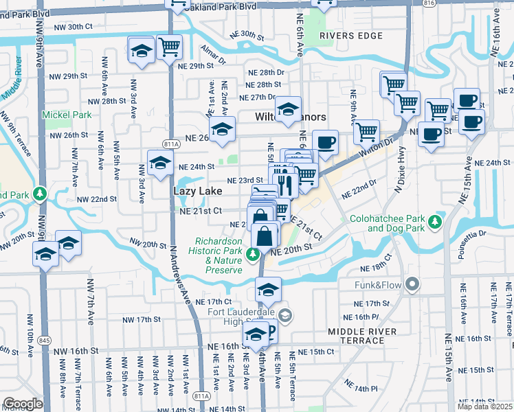 map of restaurants, bars, coffee shops, grocery stores, and more near 2125 Northeast 5th Avenue in Wilton Manors