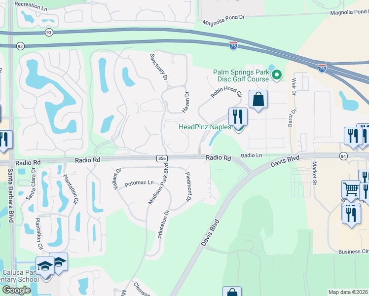 map of restaurants, bars, coffee shops, grocery stores, and more near 302 Regal Heron Circle in Naples
