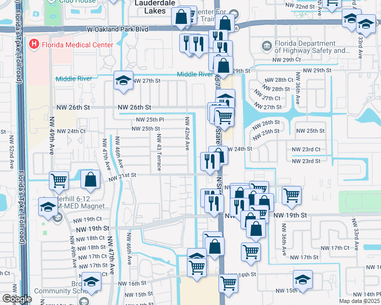 map of restaurants, bars, coffee shops, grocery stores, and more near 2310 Northwest 42nd Avenue in Lauderhill