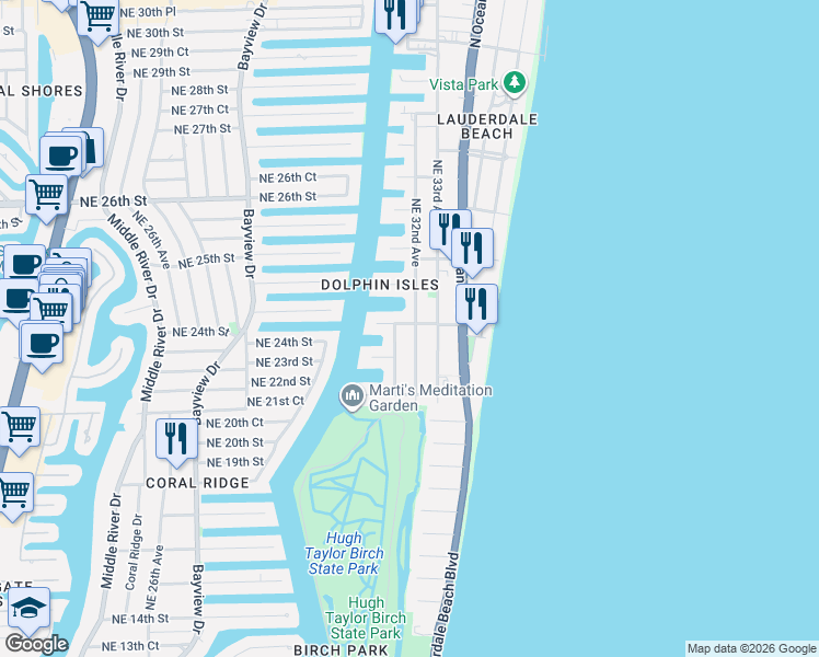 map of restaurants, bars, coffee shops, grocery stores, and more near 3200 Northeast 21st Street in Fort Lauderdale
