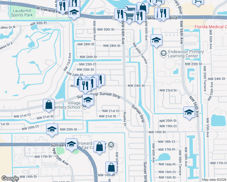 map of restaurants, bars, coffee shops, grocery stores, and more near 6491 Sunset Strip in Sunrise