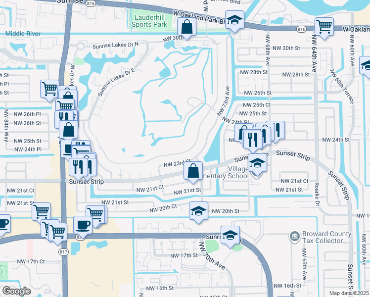 map of restaurants, bars, coffee shops, grocery stores, and more near 7451 South Aragon Boulevard in Sunrise