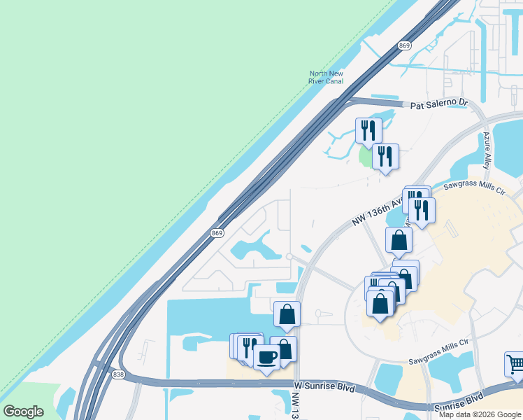 map of restaurants, bars, coffee shops, grocery stores, and more near 2421 Northwest 139th Avenue in Sunrise