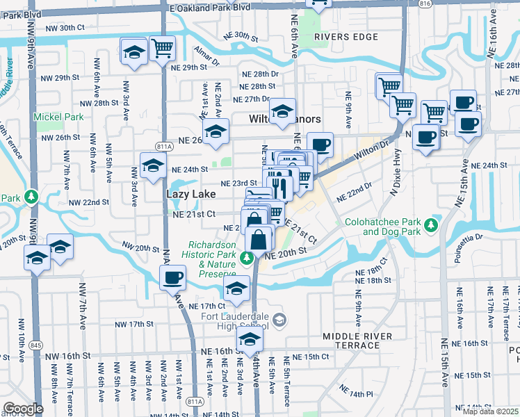map of restaurants, bars, coffee shops, grocery stores, and more near 2125 Northeast 5th Avenue in Wilton Manors