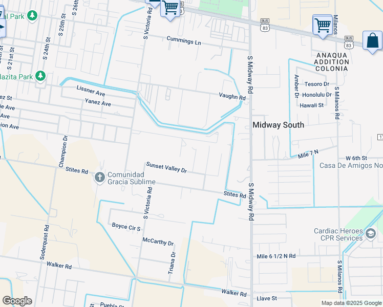 map of restaurants, bars, coffee shops, grocery stores, and more near 1001 Midnight Circle in Donna