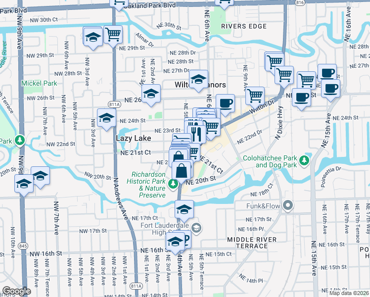 map of restaurants, bars, coffee shops, grocery stores, and more near 2125 Northeast 5th Avenue in Wilton Manors