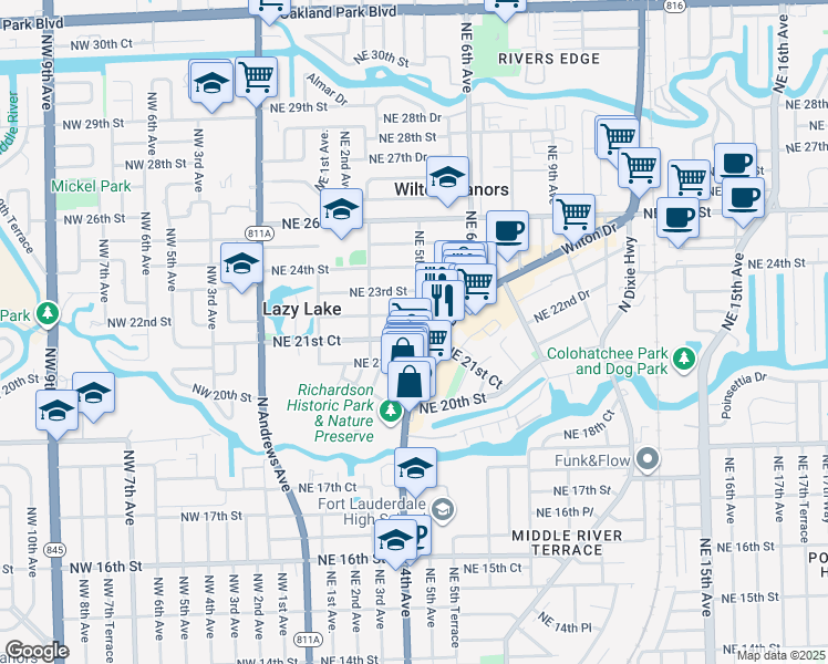 map of restaurants, bars, coffee shops, grocery stores, and more near 2125 Northeast 5th Avenue in Wilton Manors