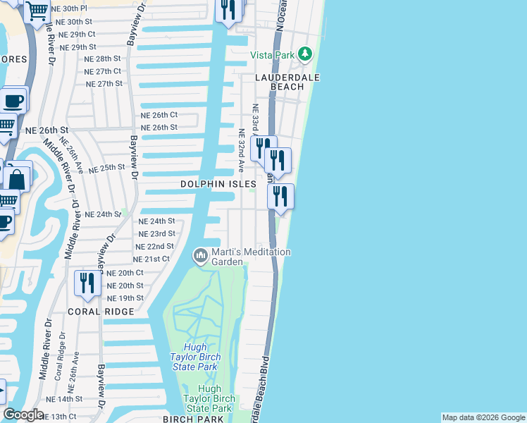 map of restaurants, bars, coffee shops, grocery stores, and more near 2101 Florida A1A in Fort Lauderdale
