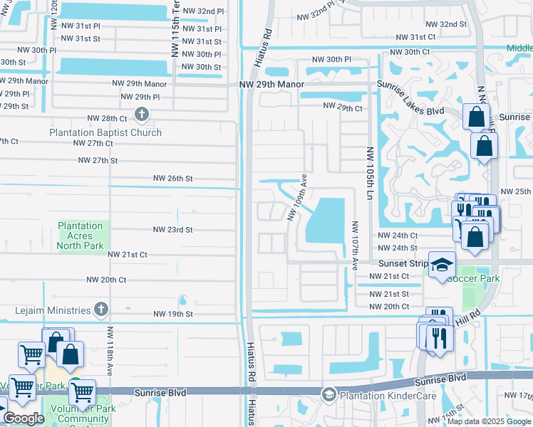 map of restaurants, bars, coffee shops, grocery stores, and more near 2411 Northwest 110th Terrace in Sunrise