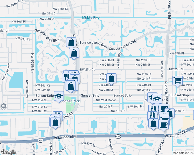 map of restaurants, bars, coffee shops, grocery stores, and more near 9781 Northwest 24th Place in Sunrise