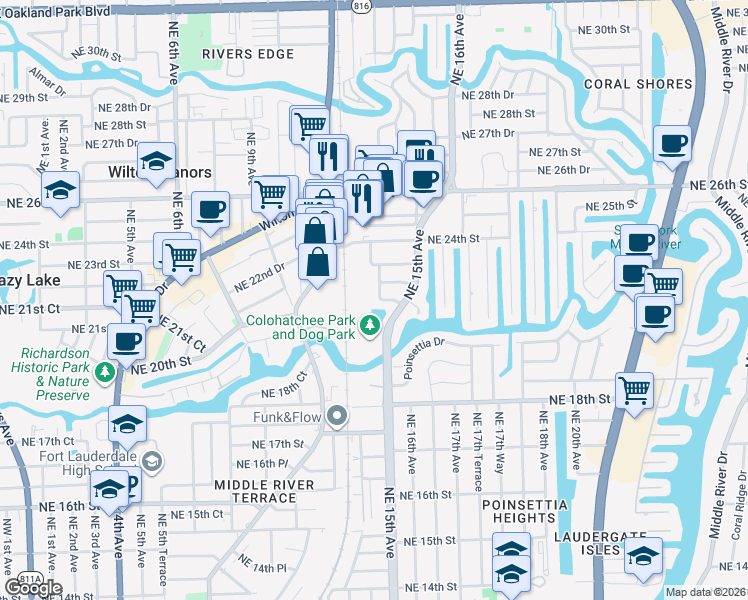 map of restaurants, bars, coffee shops, grocery stores, and more near 2109 Northeast 14th Avenue in Wilton Manors