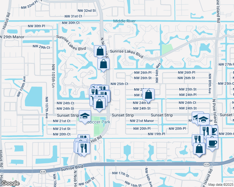 map of restaurants, bars, coffee shops, grocery stores, and more near 9877 Northwest 24th Place in Sunrise
