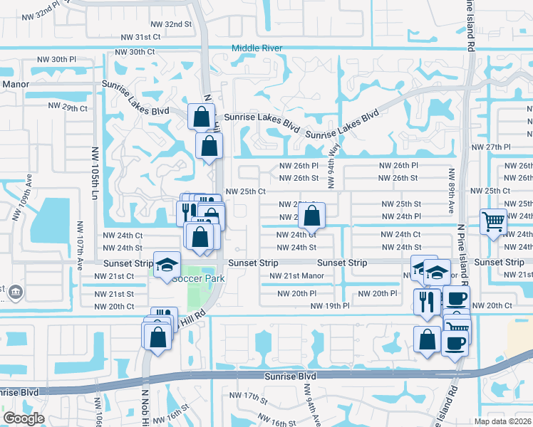 map of restaurants, bars, coffee shops, grocery stores, and more near 9781 Northwest 24th Place in Sunrise