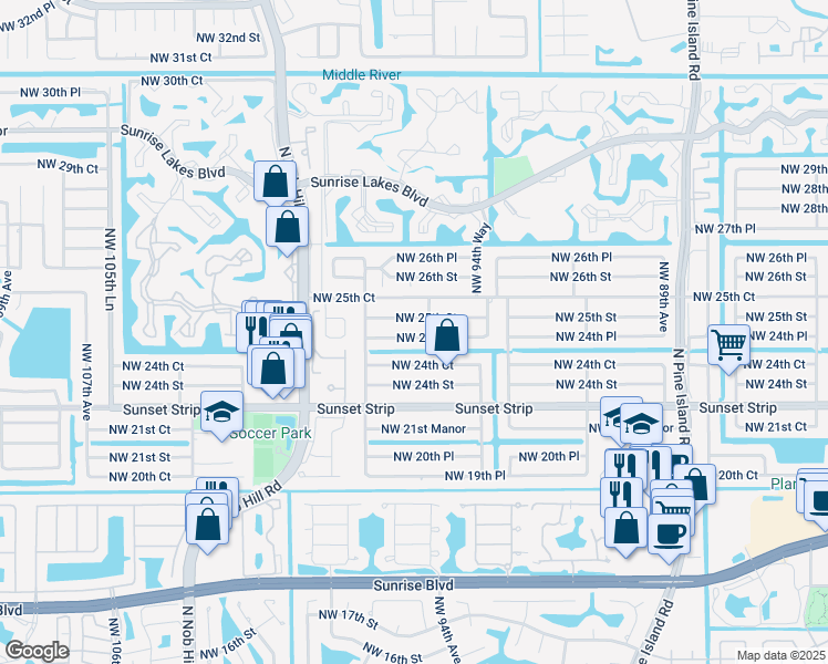 map of restaurants, bars, coffee shops, grocery stores, and more near 9701 Northwest 24th Place in Sunrise
