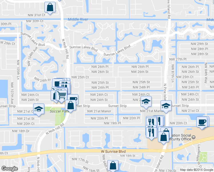 map of restaurants, bars, coffee shops, grocery stores, and more near 9561 Northwest 24th Place in Sunrise