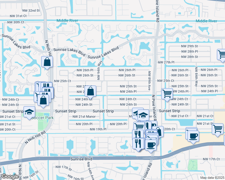 map of restaurants, bars, coffee shops, grocery stores, and more near 9341 Northwest 24th Place in Sunrise