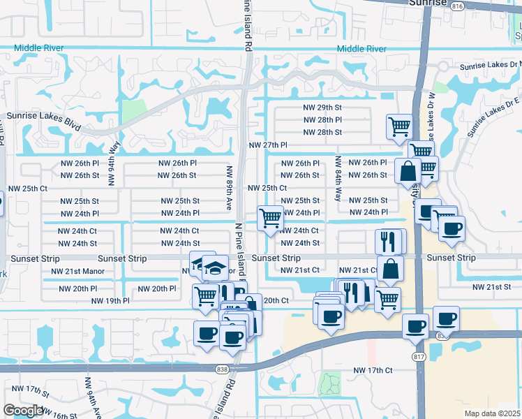 map of restaurants, bars, coffee shops, grocery stores, and more near 2480 Northwest 87th Lane in Sunrise