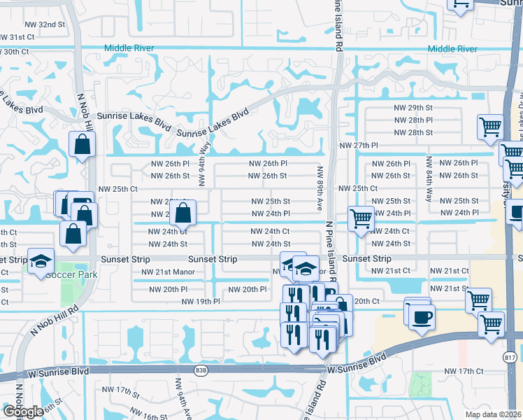 map of restaurants, bars, coffee shops, grocery stores, and more near 9181 Northwest 24th Place in Sunrise