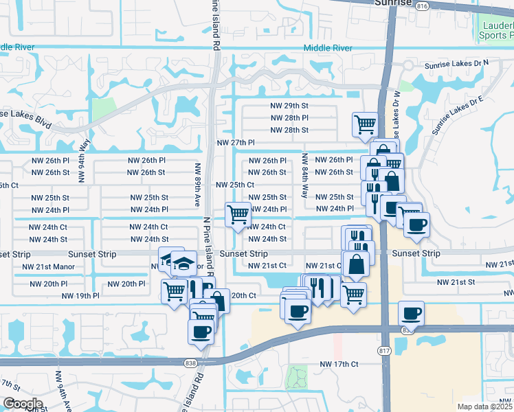 map of restaurants, bars, coffee shops, grocery stores, and more near 8631 Northwest 24th Place in Sunrise
