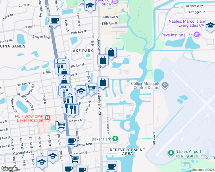 map of restaurants, bars, coffee shops, grocery stores, and more near 555 13th Street North in Naples