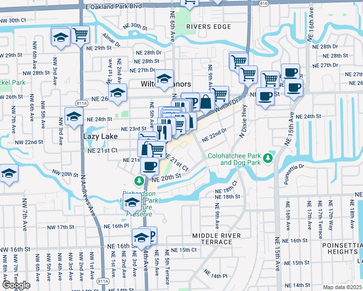 map of restaurants, bars, coffee shops, grocery stores, and more near 2264 Wilton Park Drive in Wilton Manors