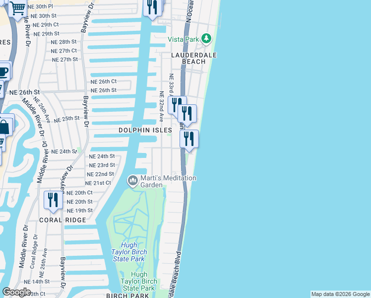 map of restaurants, bars, coffee shops, grocery stores, and more near 2101 Florida A1A in Fort Lauderdale