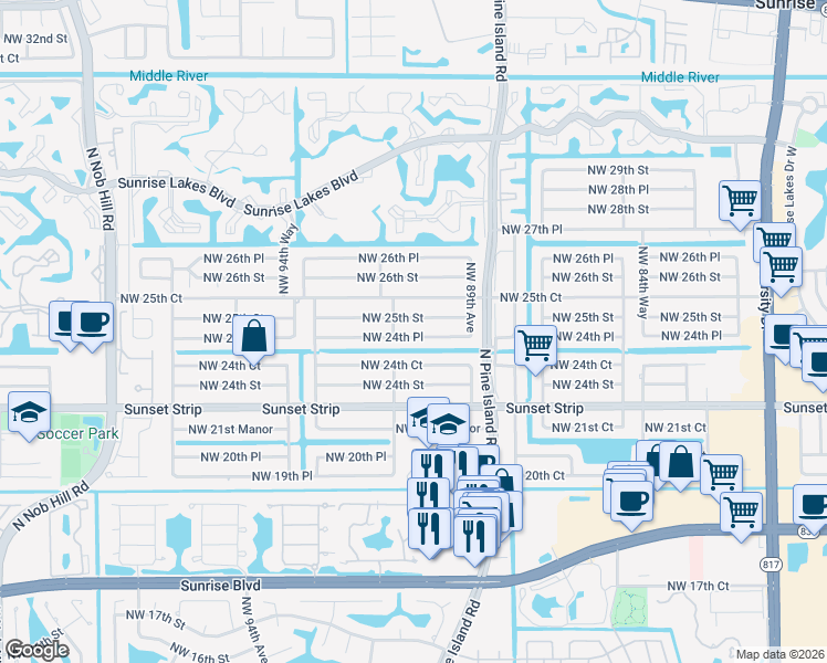 map of restaurants, bars, coffee shops, grocery stores, and more near 9111 Northwest 24th Place in Sunrise