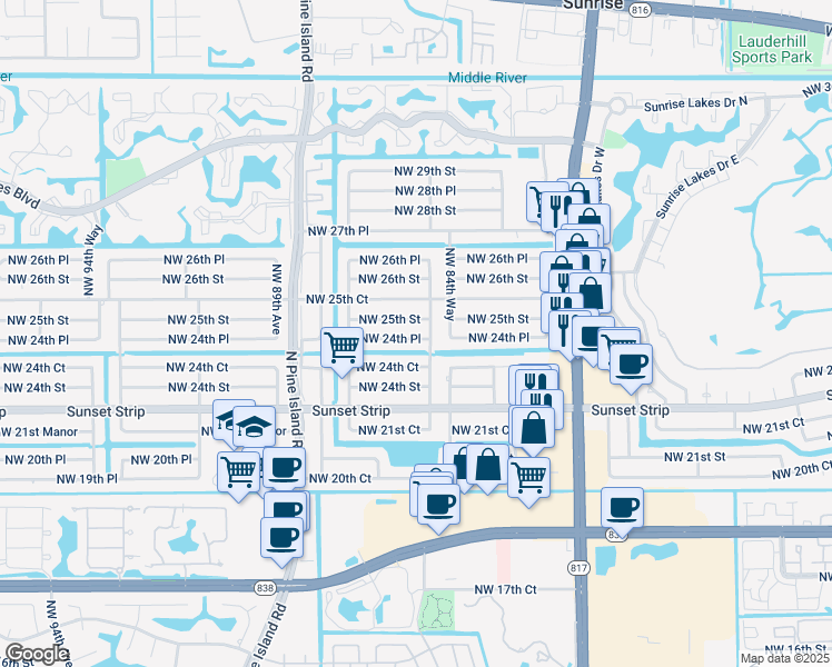 map of restaurants, bars, coffee shops, grocery stores, and more near 8521 Northwest 24th Place in Sunrise