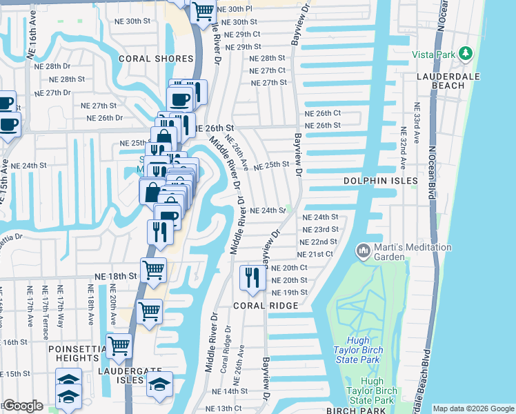map of restaurants, bars, coffee shops, grocery stores, and more near 2400 Northeast 26th Avenue in Fort Lauderdale